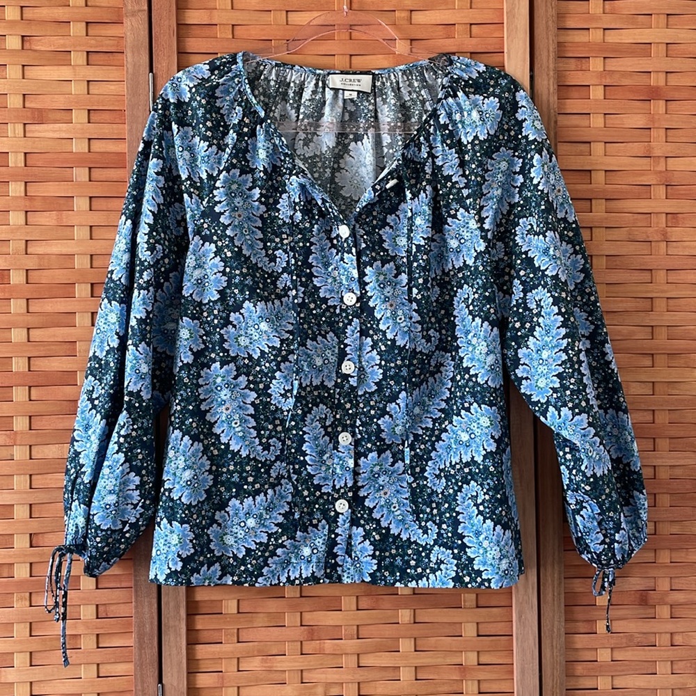 J. Crew Collection tie-sleeve button-front top in Pacific paisley